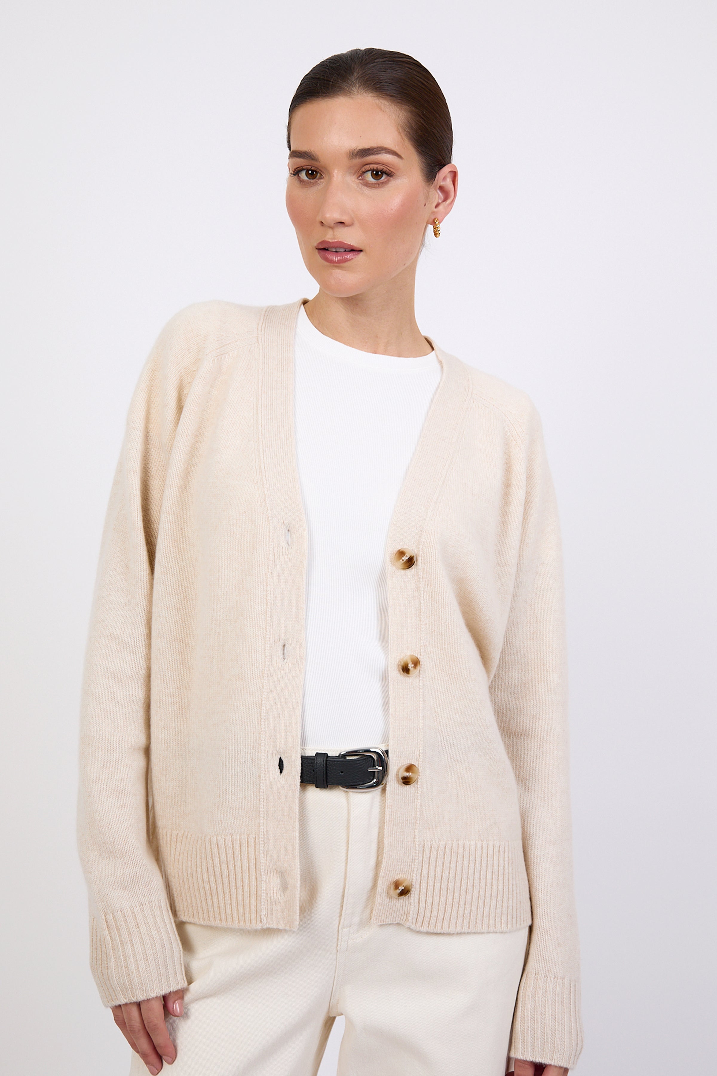 Cashmere V-Neck Cardigan - Shell | marlowstore.com