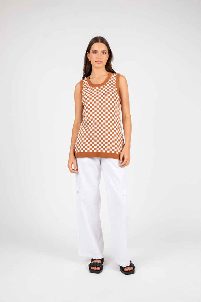 Checked Out Knit Tank - Terracotta/White