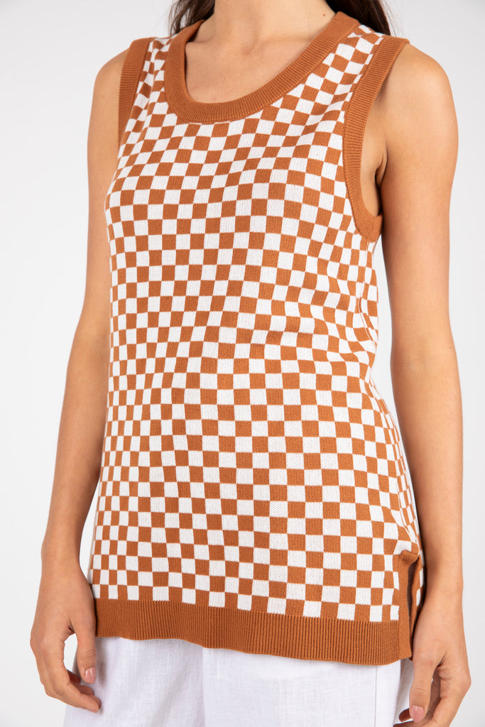 Checked Out Knit Tank - Terracotta/White