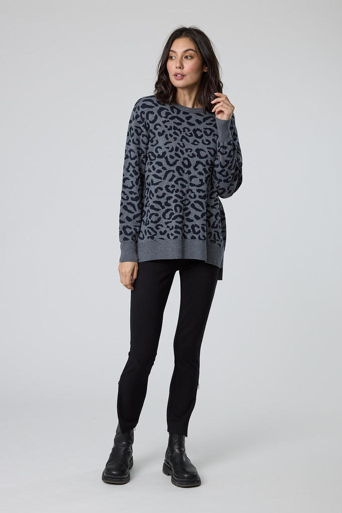 Leopard Sweater - Navy/Grey