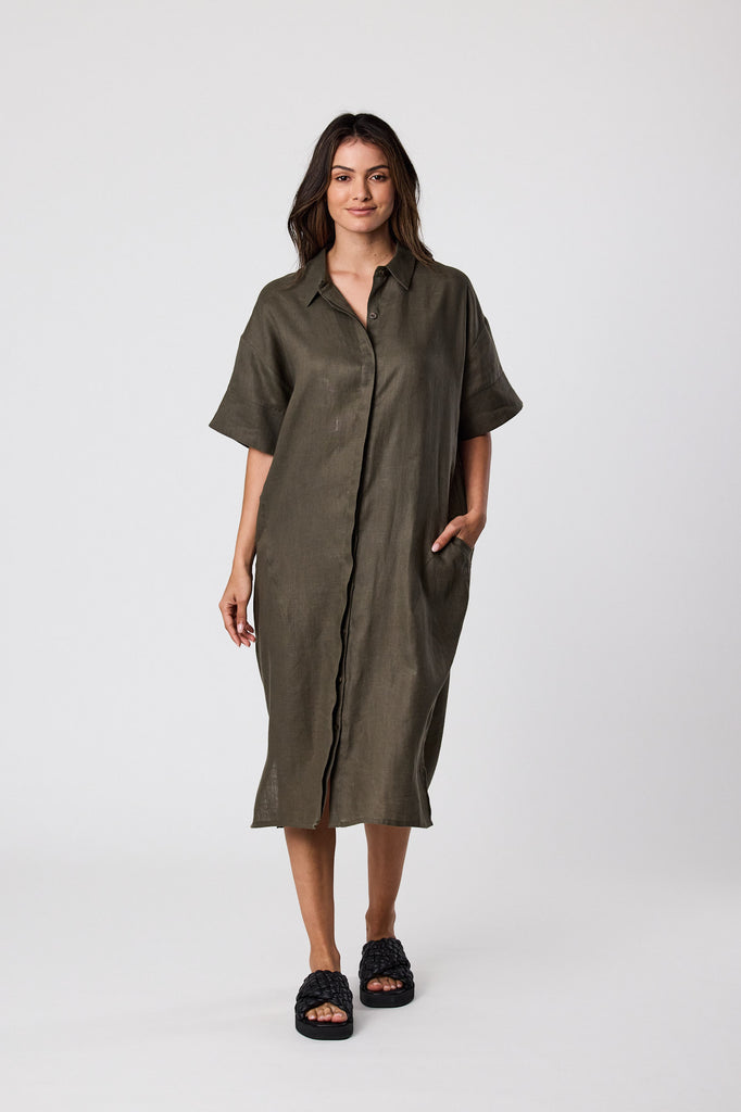 Shadow Linen Dress - Olive